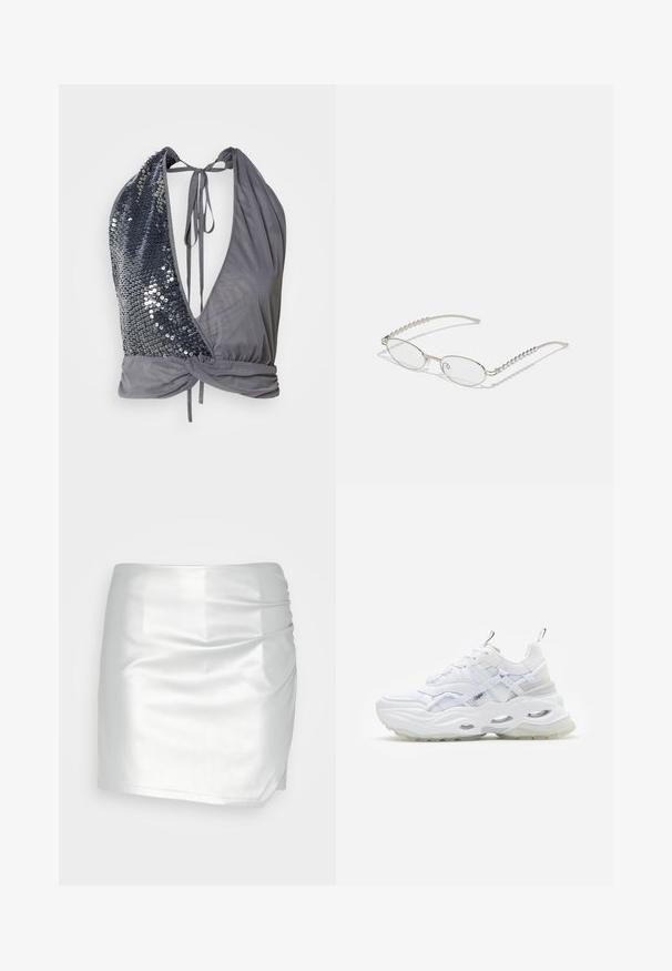 Halter-nektop in grijze stof met een diepe V-hals. Aan de ene kant zijn donkere pailletten, terwijl de andere kant glad is met een strikdetail aan de achterkant.; Even&Odd by Zalando Shorts - silver; Witte sneaker met een chunky zool, gelaagd mesh en synthetisch bovenwerk, voorzien van gemusterde accenten, vetersysteem en trekhaak.; Ovale brillen met een metallic zilveren montuur, heldere glazen en getextureerde kraalaccenten op de tempels. Lichtgewicht ontwerp met gebogen armen.