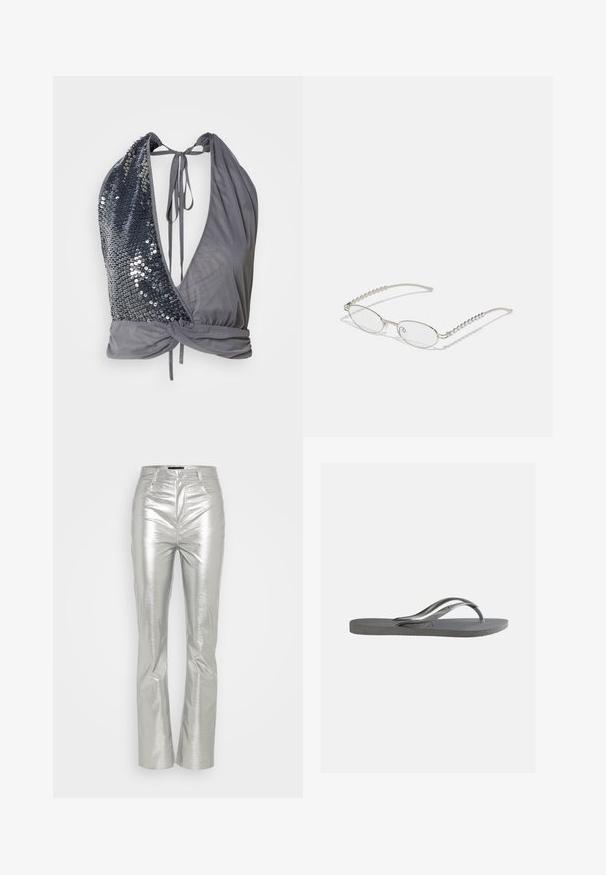 Top à col halter en tissu gris avec un décolleté en V profond. Un côté présente des sequins noirs, tandis que l'autre est lisse avec un détail noué dans le dos.; Gina Tricot TROUSERS - Pantalon classique - silver; Claquette grise plate avec semelle texturée et fines brides en Y, vue de profil sur un fond clair uni.; Lunettes ovales avec une monture métallique argentée, verres transparents et accents de branches texturées avec perles. Design léger avec des branches courbées.