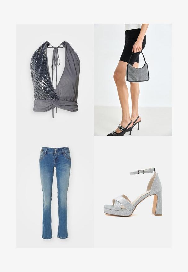 Top à col halter en tissu gris avec un décolleté en V profond. Un côté présente des sequins noirs, tandis que l'autre est lisse avec un détail noué dans le dos.; Jean en denim bleu clair avec une légère décoloration, bas évasé, fermeture à deux boutons, design classique à cinq poches et détails de couture subtils.; Sandale plateforme pailletée argentée avec talon haut épais, brides croisées sur les orteils et bride de cheville réglable avec boucle.; Sac à main à perles noires avec une silhouette courbée, une poignée de transport et une texture brillante. Porté avec des chaussures à talons hauts noires et un short noir ajusté.