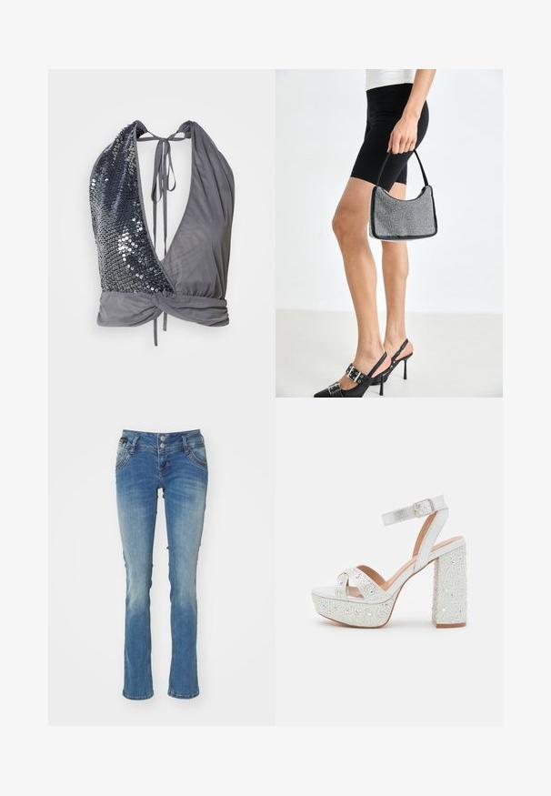 Top à col halter en tissu gris avec un décolleté en V profond. Un côté présente des sequins noirs, tandis que l'autre est lisse avec un détail noué dans le dos.; Jean en denim bleu clair avec une légère décoloration, bas évasé, fermeture à deux boutons, design classique à cinq poches et détails de couture subtils.; Sandales à plateforme blanches avec une finition métallique, présentant deux brides croisées, une bride de cheville et un talon carré orné de gemmes scintillantes.; Sac à main à perles noires avec une silhouette courbée, une poignée de transport et une texture brillante. Porté avec des chaussures à talons hauts noires et un short noir ajusté.