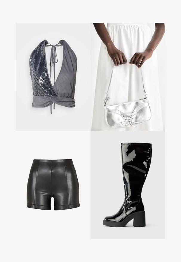 Top de cuello halter en tejido gris con un profundo escote en V. Un lado cuenta con lentejuelas oscuras, mientras que el otro es liso con un detalle de lazo en la parte trasera.; Pantalones cortos de imitación de cuero negros con una cintura alta, textura suave y costuras visibles a lo largo del frente y el dobladillo.; Botas de charol negras hasta la rodilla con una superficie lisa y brillante, punteras cuadradas y tacones gruesos negros. Detalles de costura a lo largo del costado.; Bolso metálico plateado con detalle de cordones, que presenta un diseño elegante y una correa corta. El bolso está sostenido con las manos, mostrando su textura.
