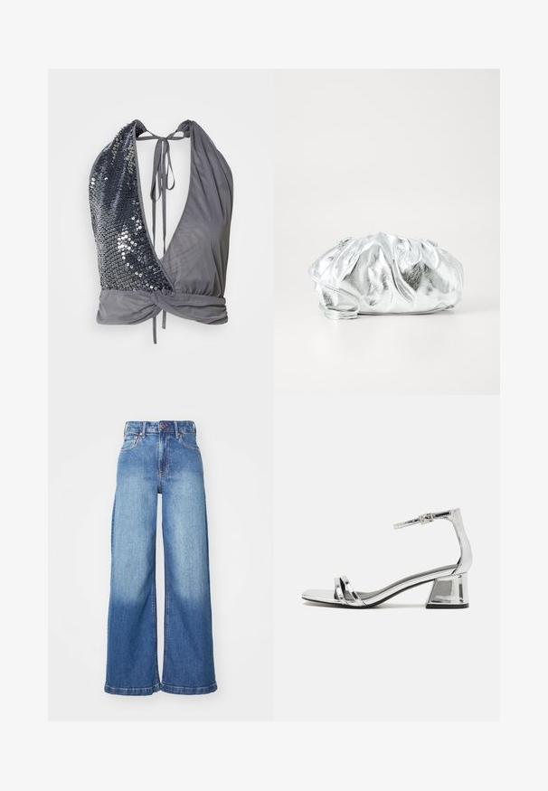 Halter-nektop in grijze stof met een diepe V-hals. Aan de ene kant zijn donkere pailletten, terwijl de andere kant glad is met een strikdetail aan de achterkant.; Hoge taille wijdbeen blauwe denim jeans met een knoop en rits aan de voorkant en een klassieke vijf-pocket ontwerp.; Zilverkleurige sandalen met hakken, voorzien van een glanzende afwerking, twee voorste banden, een enkelband met gesp en een blokhak. Ontworpen met een slank silhouet.; Metalen zilveren clutch tas met een zachte, geplooide body en een dunne schouderriem. Kenmerkt zich door een gladde, glanzende textuur en afgeronde vorm.