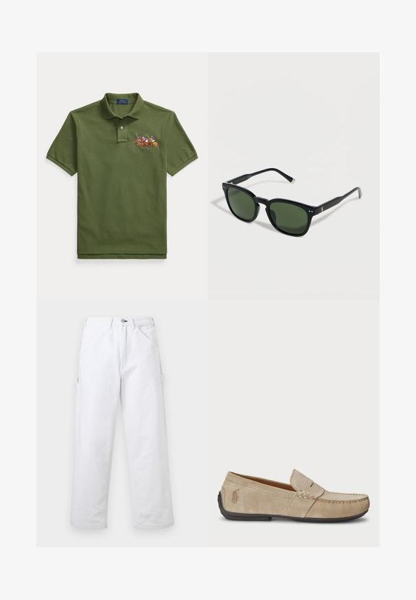 Polo de manga corta en verde oliva con tapeta de dos botones y diseño bordado de tres jugadores de polo a caballo en el pecho.; Pantalones blancos de tiro alto con pierna recta, trabillas para cinturón, bolsillos delanteros, cierre de botón y un bolsillo utilitario lateral sobre un fondo liso.; Mocasines de ante beige con detalle cosido, suela de goma plana y un pequeño logotipo en el lateral. Diseño clásico de slip-on, textura suave.; Gafas de sol rectangulares negras con lentes verde oscuro y un pequeño logo de Polo en la patilla, colocadas sobre un fondo blanco.