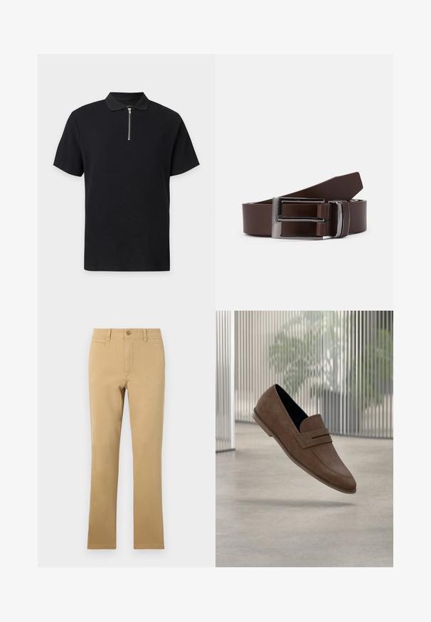 Polo noir à manches courtes en tissu texturé avec une fermeture éclair argentée à l'avant, s'étendant du col jusqu'à la poitrine.; Pantalons droits de couleur kaki en coton, dotés d'une fermeture à bouton, de poches avant et d'une texture lisse.; Mocassins en daim marron avec une finition lisse, des détails cousus, et un design à bout rond. Semelle surélevée et style sans lacets.; Ceinture en cuir marron avec une boucle en métal argenté, présentant une texture lisse et un design rectangulaire épuré. Simple et fonctionnelle.