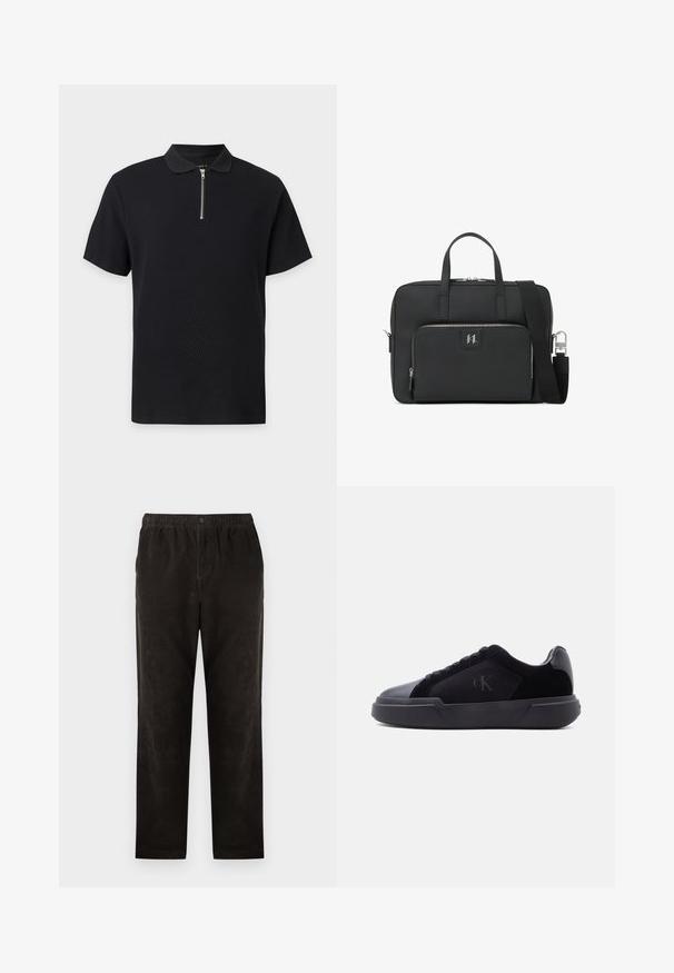 Sort polo t-shirt med korte ærmer, tekstureret stof og en sølv lynlås foran, der går fra kraven til brystet.; Sorte fløjlstræksbukser med lige ben-design, der har en elastisk talje og en enkelt knaplukning. Glat tekstur, minimalistisk detaljer.; Sort lav sko med tyk sål, snørebånd foran og diskret "cK"-logo på sidespanden.; Sort laptop taske lavet af tekstureret kunstlæder. Har dobbelt håndtag, en aftagelig skulderrem og en frontlomme med lynlås og logo.