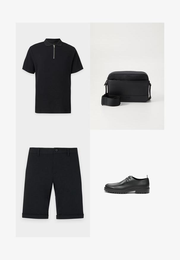 Zwart poloshirt met korte mouwen van gestructureerde stof en een zilveren rits aan de voorkant die van de kraag tot de borst loopt.; Zwarte katoenen shorts met knoopsluiting, een getailleerd ontwerp en opgerolde zoom. Voorzien van voorzakken en een gladde textuur.; Zwarte lederen schoenen met een gladde afwerking, ronde neus en decoratieve stiksels. Beschikt over een rubberen zool met tractiegrepen en een vetersluiting.; Zwarte schoudertas van soepel leer met een voorvak, ritssluiting en verstelbare stoffen schouderband. Merkenlogo is in de voorkant gedrukt.
