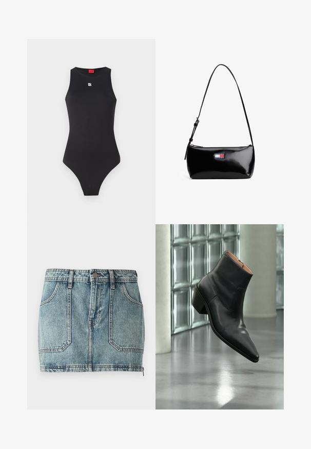 Schwarzer Body mit ärmellosem Design, aus glattem Material gefertigt. Verfügt über ein kleines weißes Logo auf der Brust und einen hochgeschnittenen Beinausschnitt.; Helles, blaues Denim-Minirock mit Fünf-Taschen-Design, Gürtelschlaufen, Metallknopfverschluss und kontrastierenden Nähten.; Schwarzer Leder-Stiefelette mit spitzer Schuhspitze und Blockabsatz, der über einem reflektierenden grauen Boden nahe einer Glassteinwand schwebt.; Schwarze Lackleder-Schultertasche mit einem gebogenen Tragegurt, Reißverschlussverschluss und einem rechteckigen Logopatch in Rot, Weiß und Blau.