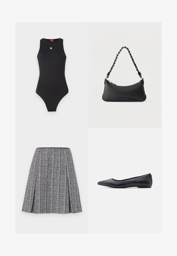 Sort bodysuit med en ærmeløs design, lavet af glat materiale. Har et lille hvidt logo på brystet og et højt skåret benåbning.; Marineblå tweednederdel med et struktureret mønster, flagrende silhuet og plisseringer. Livremmen er sort, hvilket fremhæver nederdelens design.; Sort flad lædersko med spidst tåparti og lav hæl, vist i sideprofil mod en hvid baggrund.; Sort skuldertaske i læder med en buet rektangulær form, gyldent kæde vævet ind i en flettet sort rem og toplynlås.