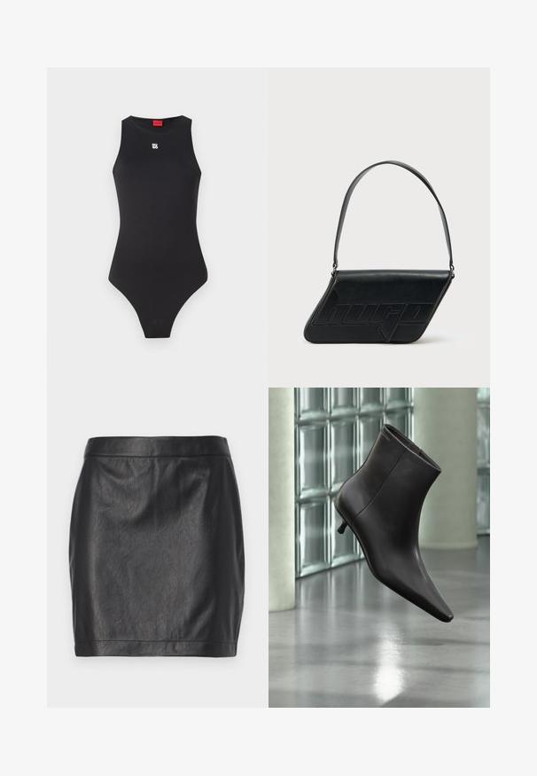 Sort bodysuit med en ærmeløs design, lavet af glat materiale. Har et lille hvidt logo på brystet og et højt skåret benåbning.; Sort læder mini-nederdel med en glat tekstur, tætsiddende design og slankt taljebånd, der har minimal syning og ingen yderligere dekorationsdetaljer.; Sort læderankelstøvle med spids tå og lille hæl vist mod en væg af glasblokke og poleret gulv baggrund.; Sort skuldertaske i læder med trekantet form, præget logo og en enkelt justerbar rem. Minimalistisk design med glat tekstur.