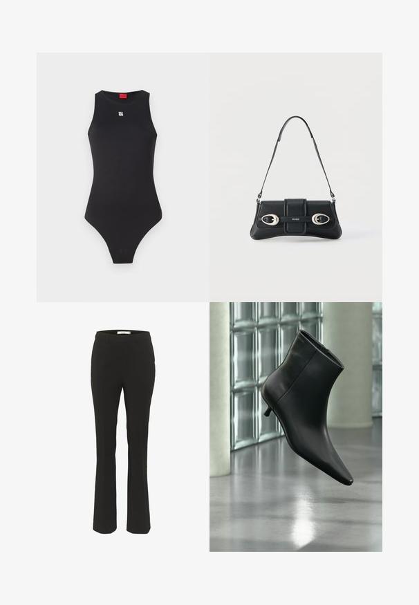 Body noir avec un design sans manches, fabriqué en matériau lisse. Présente un petit logo blanc sur la poitrine et une ouverture de jambe haute.; Pantalons noirs ajustés avec une coupe slim, bas évasé, devant plat et sans poches visibles. Fabriqués en tissu lisse avec des coutures minimales.; Bottine en cuir noir à bout pointu et petit talon kitten, présentée en angle devant un sol poli et un mur en blocs de verre.; Sac bandoulière en cuir noir avec deux boucles en argent et une bandoulière ajustable, arborant le logo "HUGO" au centre devant.