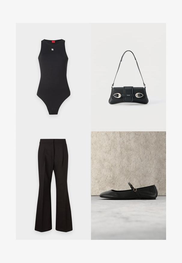 Zwarte body met een mouwloos ontwerp, gemaakt van glad materiaal. Bevat een klein wit logo op de borst en een hoog uitgesneden beenopening.; Zwarte flared broeken met een gladde textuur, voorzien van een hoge taille, zijzakken en voorplooien voor extra ontwerpelementen.; Zwarte leren ballerinas met een ronde neus, voorzien van een dunne band en gouden ronde gespen. Glad oppervlak en minimalistisch ontwerp.; Zwarte leren schoudertas met twee zilveren gespen en een verstelbare band, met het "HUGO"-logo in het midden aan de voorkant.