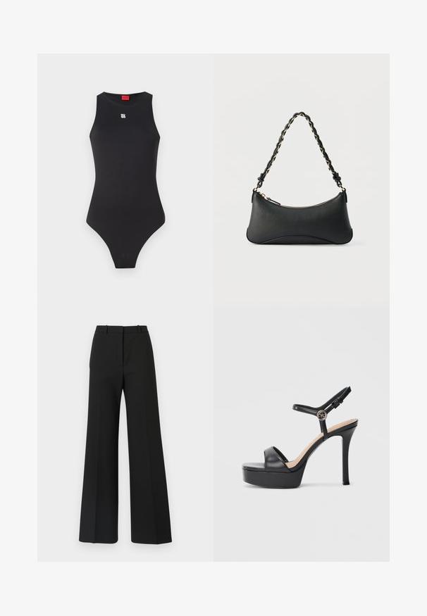 Body noir avec un design sans manches, fabriqué en matériau lisse. Présente un petit logo blanc sur la poitrine et une ouverture de jambe haute.; Pantalons black à jambes larges avec un design sur mesure, présentant une texture lisse et de subtils plis à l'avant. Pas de garnitures ou de motifs visibles.; Sandales à plateforme noires avec un talon haut stilettos, dotées d'une tige en cuir lisse, d'un bout ouvert et d'une bride de cheville ajustable avec ferrures.; Sac à bandoulière en cuir noir de forme rectangulaire incurvée, avec une chaîne dorée tissée dans la bandoulière noire tressée et une fermeture éclair sur le dessus.