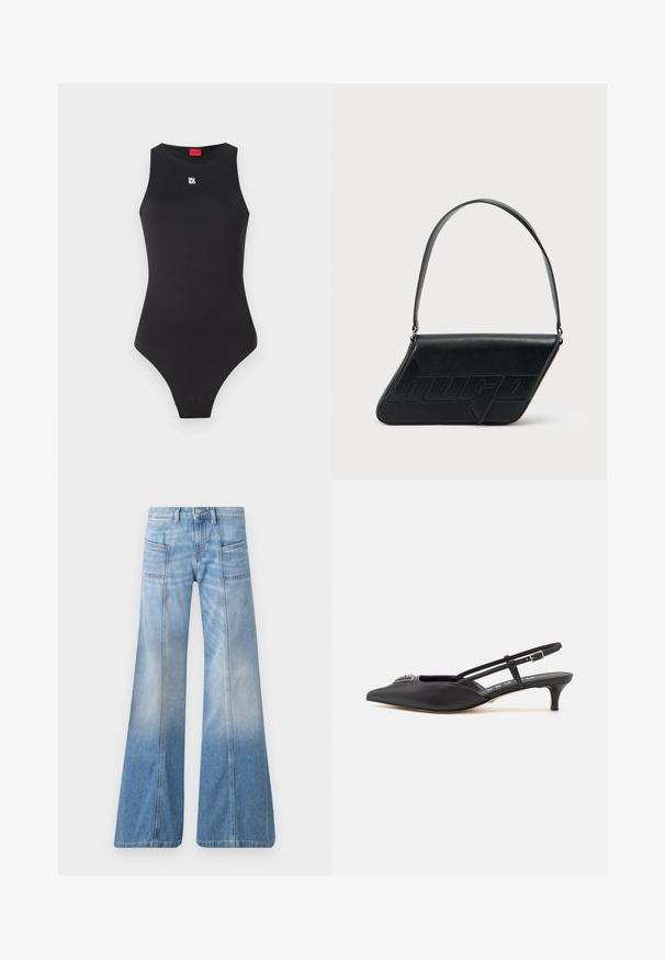 Bodysuit negro con un diseño sin mangas, hecho de un material suave. Presenta un pequeño logo blanco en el pecho y una abertura de pierna alta.; Vaqueros acampanados de color azul claro hechos de mezclilla. Cuentan con una cintura alta, cuatro bolsillos y un efecto de degradado desvaído hacia el dobladillo.; Zapatos slingback negros con punta afilada, hechos de material suave, con un pequeño tacón y un acento decorativo plateado en el empeine.; Bolso de hombro de cuero negro con forma triangular, logo en relieve y una sola correa ajustable. Diseño minimalista con textura suave.