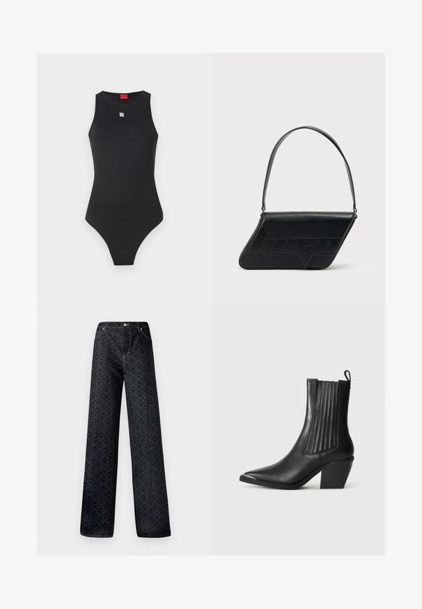 Schwarzer Body mit ärmellosem Design, aus glattem Material gefertigt. Verfügt über ein kleines weißes Logo auf der Brust und einen hochgeschnittenen Beinausschnitt.; Dunkelblaue, weite Jeans mit geometrischem Muster, aus Denim gefertigt. Mit Metallknopf, Reißverschluss und Kettelung der vorderen Taschen.; Schwarze Lederstiefelette mit spitzer Zehenform, gerippten Seitenpaneelen und einem klobigen Absatz, vor einem strukturierten Fliesenboden.; Schwarze Leder-Umhängetasche mit dreieckiger Form, geprägt mit Logo und einem einzigen verstellbaren Riemen. Minimalistisches Design mit glatter Textur.