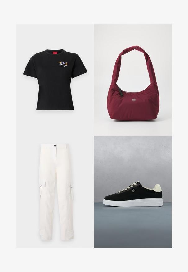 T-shirt noir à manches courtes en coton. Présente un motif floral brodé et le texte "Hugo" sur la poitrine gauche. Col rond classique.; Pantalons cargo blancs en coton, avec poches latérales, passants de ceinture et ourlets retroussés. Le design comprend une coupe droite et une fermeture à bouton.; Baskets montantes noires et blanches avec semelle blanche et logo "HUGO", flottant au-dessus d'un sol extérieur en bois et pierre à motifs.; Sac à épaule bordeaux en tissu doux, avec une bandoulière courbée et rembourrée, et une fermeture éclair avec une petite étiquette de marque sur le devant.