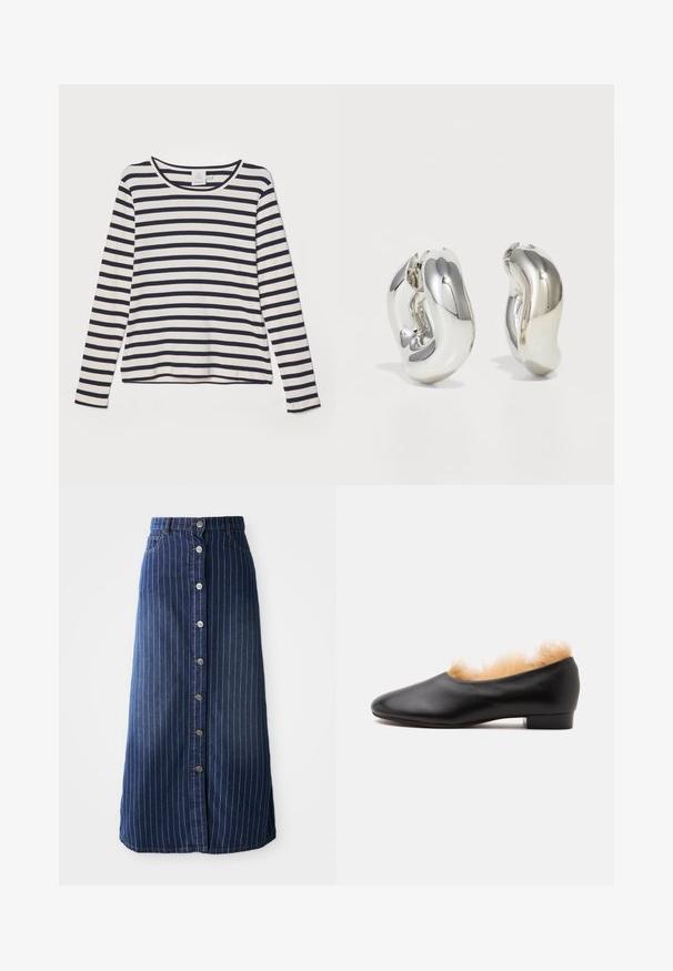 Chemise à manches longues en crème avec des rayures horizontales marines, dotée d'un col rond, d'une texture côtelée et d'une coupe décontractée.; Jupe maxi en denim foncé avec des rayures blanches verticales, fermeture à boutons sur le devant et légère évasement à l'ourlet. Comprend cinq boutons et un surpiquage contrasté.; Chaussure plate en cuir noir avec un petit talon et une doublure en fourrure marron clair visible autour de l'ouverture, présentée en profil sur fond blanc.; Boucles d'oreilles sculpturales en argent avec des formes douces et courbes et des surfaces réfléchissantes. Présentent un design de boucle fermée et une forme organique distincte.