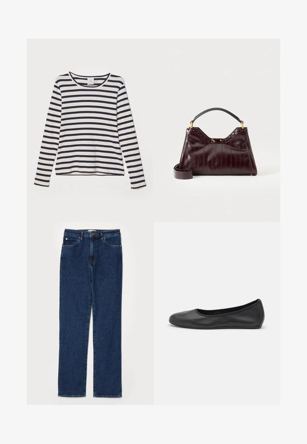 Langärmliges Shirt in Creme mit marineblauen horizontalen Streifen, featuring einem runden Halsausschnitt, gerippter Textur und lässiger Passform.; Dunkelblaue Denim-Jeans im Gerade-Schnitt, fünf Taschen-Stil, mit einem stabilen Bund und sichtbaren Nähdetails.; Schwarze Leder-Ballettschuhe mit abgerundeter Spitze, glatter Textur, minimalen Nähdetails und einem flexiblen Sohlen-Design.; Dunkelburgunderrote Lederhandtasche mit strukturiertem Muster, schwarzem Tragegriff oben, goldenen Beschlägen und abnehmbarem Schulterriemen vor weißem Hintergrund.
