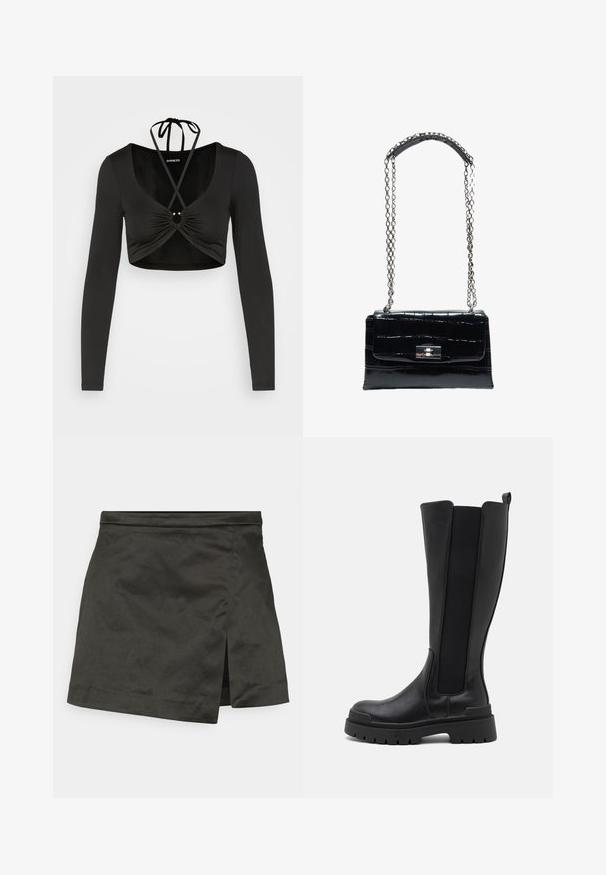 Even&Odd by Zalando Langærmet T-shirt - black; Weekday MEL MINI SKIRT - Mini skirts - black; Even&Odd by Zalando Plateaustøvler - black; Sort håndtaske i krokodilletekstureret læder med sølvfarvet drejelås og lang sølvkæde med læder skulderpude.