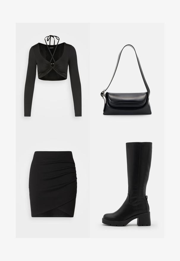 Even&Odd by Zalando Longsleeve - black; Zwarte mini-jurk gemaakt van rekbaar stof, met een gerimpeld ontwerp en een wikkel-silhouet, met een gladde textuur en een aansluitende taille.; Even&Odd by Zalando Plateaulaarzen - black; Zwarte leren handtas met een gestructureerde vorm, een gladde textuur en een enkele schouderband. Heeft een subtiele, afgeronde klepontwerp.