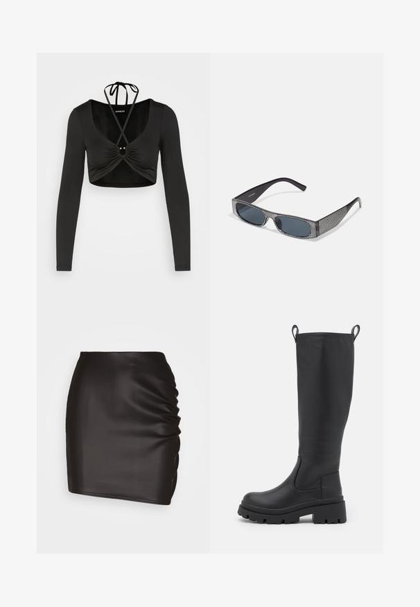 Even&Odd by Zalando Long sleeved top - black; Black mini skirt made of smooth synthetic material, featuring ruched detailing on one side and a fitted silhouette.; Black knee-high boot made of smooth leather with a chunky sole and slight heel. Features pull tabs and elastic side panels for easy wear.; Black sunglasses with grey lenses, featuring a grid pattern of small metallic rhinestones along the frames. Smooth finish, angular design.