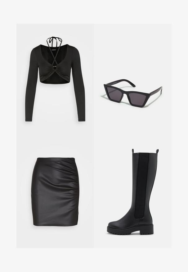 Even&Odd by Zalando T-shirt à manches longues - black; Jupe longue en simili cuir noir ajustée avec une texture froncée sur un côté et une petite fente sur l'ourlet, créant une silhouette élégante.; Bottes noires montantes en cuir lisse, avec des panneaux élastiques sur les côtés et une semelle épaisse texturée pour une meilleure adhérence.; Lunettes noires angulaires avec des verres gris ; fabriquées en plastique, avec des branches épaisses à la surface lisse et sans matériel visible.