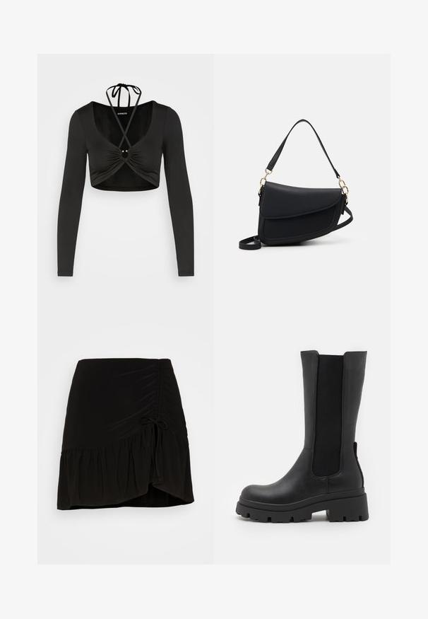Even&Odd Longsleeve - black; Even&Odd Minirok - black; ONLY SHOES ONLDOJA - Plateaulaarzen - black; Zwarte leren handtas met een gestructureerde afwerking, voorzien van een enkele schouderriem en gouden hardware-accenten. Het ontwerp is strak en minimalistisch.