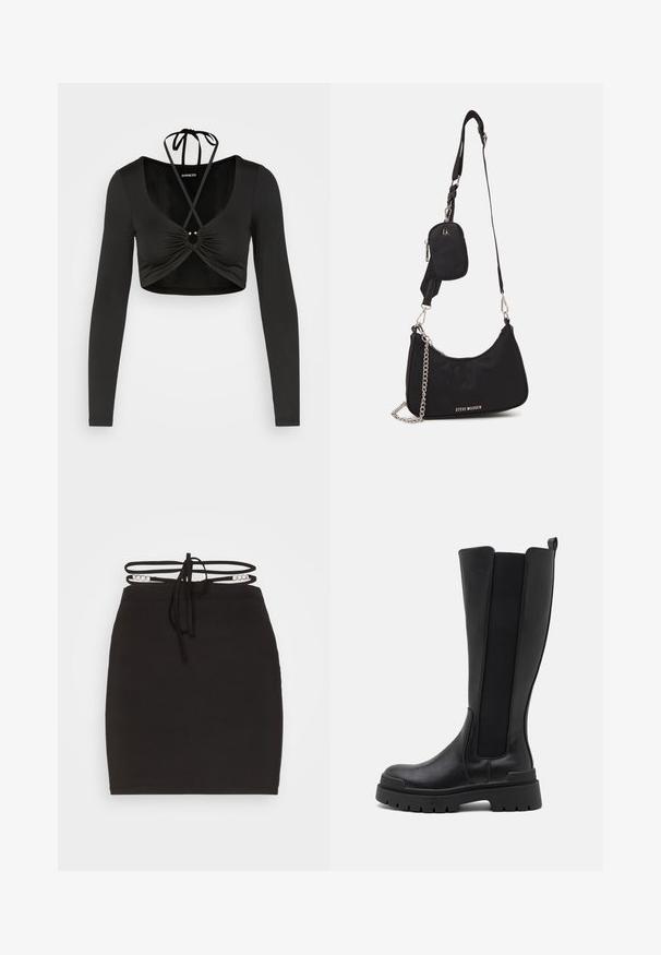 Even&Odd Langærmet T-shirt - black; Noisy May NMCELESTE CHAIN DETAILS SKRIT - Mini skirts - black; Even&Odd Plateaustøvler - black; Sort nylon skuldertaske med en buet form, sølvfarvet kædeaccent, aftagelig mini-pung og justerbar rem; prydet med "Steve Madden" logo.