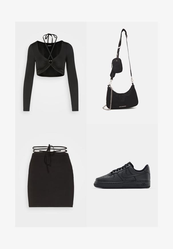 Even&Odd by Zalando T-shirt à manches longues - black; Noisy May NMCELESTE CHAIN DETAILS SKRIT - Minijupe - black; Baskets en cuir noir avec boîte à orteils perforée, lacets plats et semelle en caoutchouc. Présente un petit logo sur le côté et des détails texturés.; Sac en nylon noir à l'épaule avec une forme incurvée, accent en chaîne argentée, pochette mini amovible et bandoulière ajustable ; présente le logo "Steve Madden".