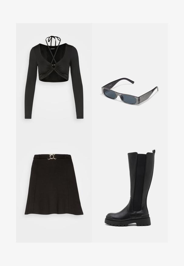 Even&Odd by Zalando Langarmshirt - black; Even&Odd by Zalando Minirock - black; Even&Odd by Zalando Plateaustiefel - black; Schwarze Sonnenbrille mit grauen Gläsern, versehen mit einem Rastermuster aus kleinen metallischen Strasssteinen entlang der Fassung. Glatte Oberfläche, kantiges Design.