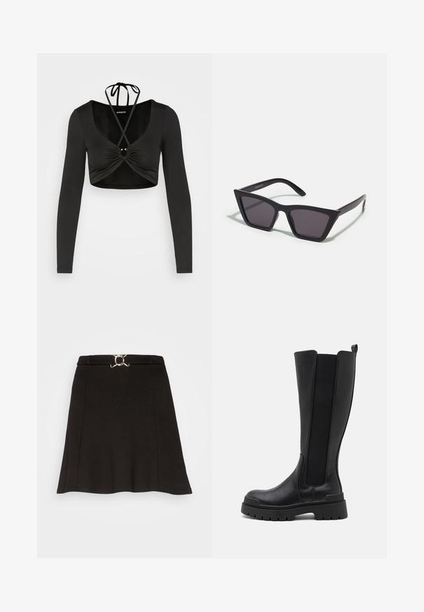 Even&Odd by Zalando Langarmshirt - black; Even&Odd by Zalando Minirock - black; Even&Odd by Zalando Plateaustiefel - black; Schwarze, eckige Sonnenbrille mit grauen Gläsern; aus Kunststoff gefertigt, mit dicken Bügeln, die eine glatte Oberfläche und keine sichtbaren Beschläge haben.