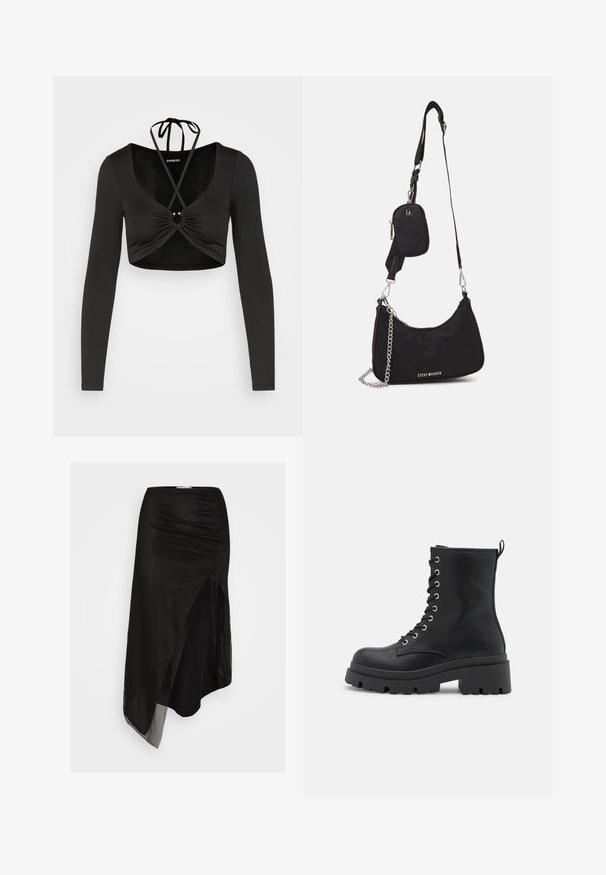 Even&Odd by Zalando Top s dlhým rukávom - black; Čierna asymetrická sukňa vyrobená z ľahkej priehľadnej textílie, s riasenými detailmi po stranách a vysokým rozparkom pre väčšiu pohyblivosť.; Čierne členkové topánky na šnurovanie s robustnou podrážkou, hladkou textúrou, striebornými detailami a s displejovým pútkom vzadu pre ľahké obúvanie.; Čierna nylonová taška cez rameno so zakriveným tvarom, strieborným reťazovým akcentom, odnímateľnou mini taškou a nastaviteľným popruhom; má logo "Steve Madden".