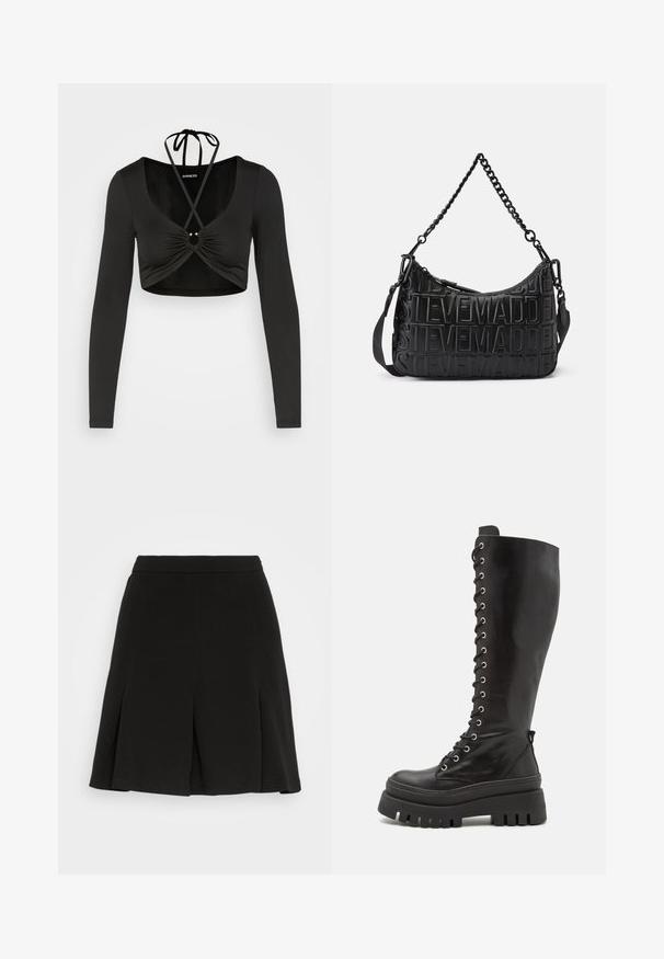 Even&Odd by Zalando Longsleeve - black; Even&Odd by Zalando Minirok - black; Steve Madden CARINA - Plateaulaarzen - black; Zwarte handtas van gestructureerd leer, met een debossed logo ontwerp, enkele ketting en afneembare schouderriem, met een ritsluiting.