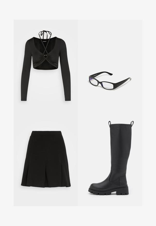 Even&Odd by Zalando Pikkade varrukatega topp - black; Even&Odd by Zalando Miniseelik - black; Mustra mustlane sünteetilisest nahast põlvekõrguseid saapaid, millel on paks tall ja kerge konts. Varustatud tõmbenööride ja elastsete külgpaneelidega, et neid oleks lihtne jalga panna.; Mustad mustad prillid selgete läätsedega. Läikiv viimistlus, kitsad vars, ja läätsede servadel on nähtav lilla varjund.