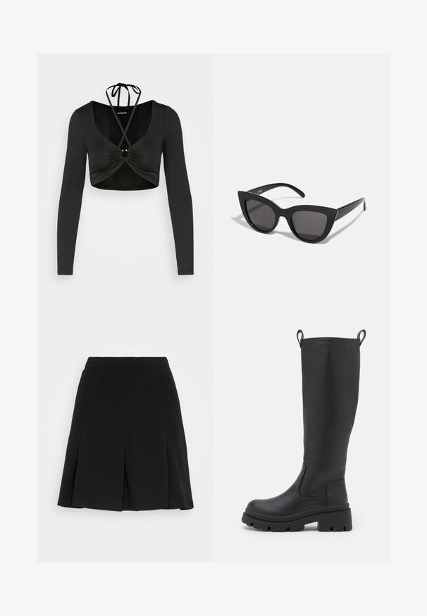 Even&Odd by Zalando Longsleeve - black; Even&Odd by Zalando Minirok - black; Zwarte kniehoge laars van soepel leer met een chunky zool en een lichte hak. Voorzien van trekbanden en elastische zijpanelen voor gemakkelijk aan- en uittrekken.; Zwarte cat-eye zonnebril met een matte afwerking, voorzien van grijs getinte glazen, scherpe hoeken en slanke zijarmen. Merkennaam zichtbaar op de binnenarm.