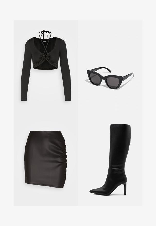 Even&Odd by Zalando Langærmet T-shirt - black; Sort mini skirt lavet af glat syntetisk materiale, med rynket detaljer på den ene side og en tætsiddende silhuet.; Even&Odd by Zalando Høje støvler/ Støvler - black; Sorte cat-eye solbriller med mat finish, der har grå tonede linser, skarpe vinkler og slanke sidearme. Mærkenavnet er synligt på den indre arm.