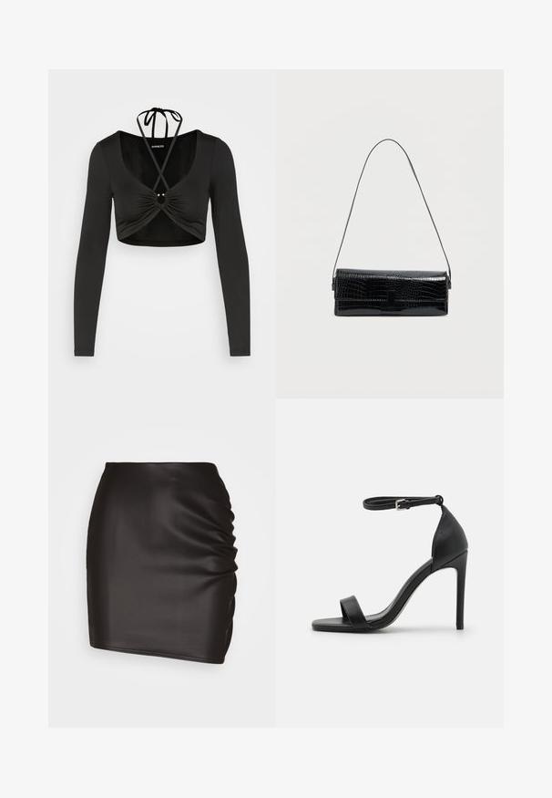 Even&Odd by Zalando Langærmet T-shirt - black; Sort mini skirt lavet af glat syntetisk materiale, med rynket detaljer på den ene side og en tætsiddende silhuet.; Sort højhælet sandal med et sleek design, der har en ankelrem, åben tå og glat lædertekstur.; Sort skuldertaske i kunstlæder med krokodillemønster, rektangulær form, blank tekstur, med en tynd justerbar rem og lukning med klap foran.