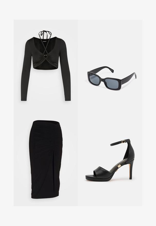 Even&Odd by Zalando Camiseta de manga larga - black; falda lápiz negra con fruncido, detalle de lazo y abertura lateral. Hecha de un tejido elástico, con una textura suave y un diseño ajustado.; Sanda negra de cuero con tacón alto, con punta abierta y tira en el tobillo. Presenta un acabado suave, un acento en tono dorado cerca del tacón y un diseño curvado.; Gafas de sol rectangulares negras con lentes oscuros, montura de plástico grueso y patillas anchas. Superficie lisa y diseño anguloso.