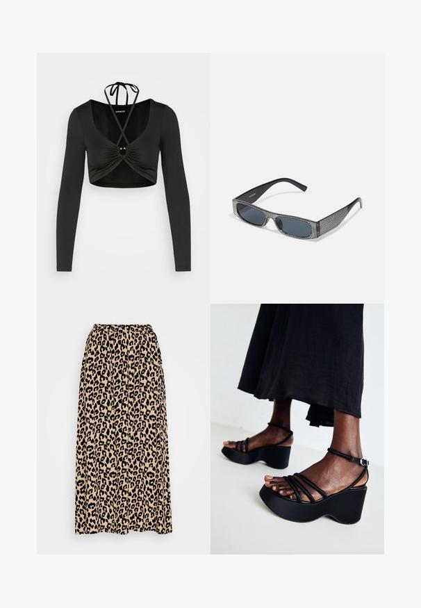 Even&Odd by Zalando Langærmet T-shirt - black; Leopartrykt midi-nederdel i beige og sort. Har en elastisk talje og en plisseret design for øget bevægelse og pasform.; Sorte kilehæle med flere tynde stropper, justerbar ankelspænde, tekstureret overflade og en afrundet hælform.; Sorte solbriller med grå linser, der har et gittermønster af små metalliske rhinsten langs stellet. Glat overflade, kantede design.