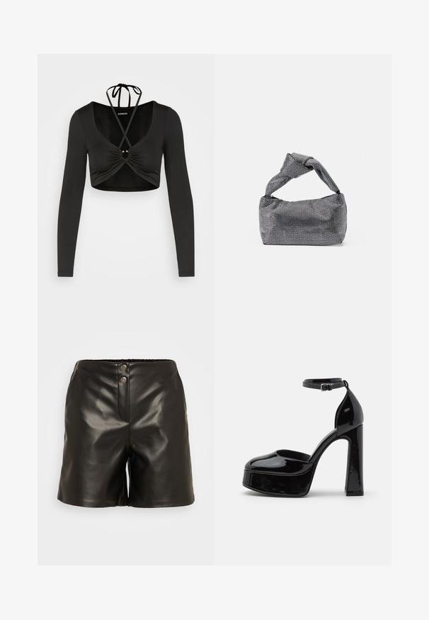 Even&Odd by Zalando Camiseta de manga larga - black; ONLY ONLELVIRA - Shorts - black; Zapatos de tacón de charol negro con plataforma y correa al tobillo, punta redondeada y tacón cuadrado, que muestran una textura lisa y brillante.; Bolso de mano negro y plateado con una superficie texturizada que presenta un patrón de diamante, un asa anudada y una forma estructurada.