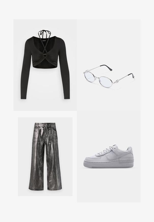 Even&Odd by Zalando Μπλούζα με μακριά μανίκια - black; Μεταλλικά ασημί παντελόνια σε φαρδιά γραμμή με λείο, γυαλιστερό υλικό, διαθέτοντας πέντε τσέπες και θηλιές για ζώνη. Ισια κοπή, casual στυλ.; Γκρι Nike Air Force 1 αθλητικό παπούτσι με πορώδη μύτη, λεία δερμάτινη επάνω επιφάνεια, χοντρή σόλα και ανάγλυφη λεπτομέρεια 'AIR' στην φτέρνα.; Ασημένια μεταλλικά οβάλ γυαλιά με διαυγείς φακούς, που διαθέτουν διακοσμητικά στοιχεία στα πλάγια και μαύρα άκρα στους βραχίονες για επιπλέον στήριξη και άνεση.