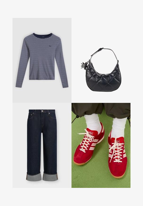 Marineblaue und weiße horizontal gestreifte Langarmshirt mit Rundhalsausschnitt und kleinem Levi’s-Logo auf der linken Brust.; Dunkelblaue Jeans mit weitem Bein und aufgekrempelten Säumen, vorderer Knopfleiste, Reißverschluss und Fünf-Taschen-Design auf einfarbigem Hintergrund.; Rote Wildleder- und Mesh-Sportschuhe mit weißen Streifen und Schnürsenkeln. Gummisohle. Getragen mit weißen gerippten Socken auf einer grünen strukturierten Oberfläche.; L'Atelier Du Sac EMILIE - Handtasche - nero