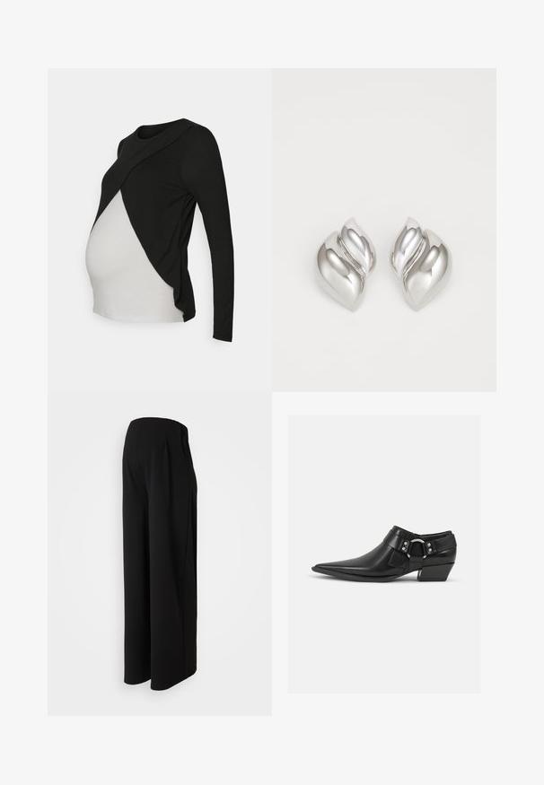 Top de maternidad de manga larga en blanco y negro con un diseño asimétrico, que presenta una superposición negra y una sección inferior blanca, confeccionado en tela elástica.; Vero Moda Maternity Wide-leg Wide Leg Fit - Pantalones - black; Botas de cuero negras hasta el tobillo con puntera puntiaguda, que presentan una correa de cuero en la parte delantera y un detalle de hebilla plateada, además de un tacón bajo y cuadrado.; Pendientes de plata con una forma orgánica y abstracta. Superficie lisa y brillante con un diseño cónico. Presentan suaves curvas y un detalle de línea central.