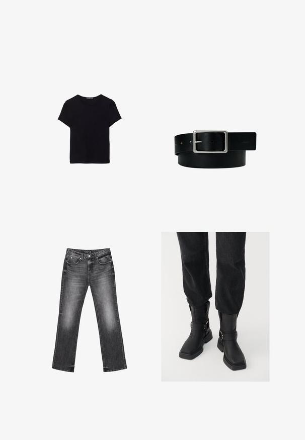Sort bomulds T-shirt med korte ærmer, rund hals og et enkelt design. Blød tekstur uden synlige mønstre eller accenter.; Sorte denim jeans med lige ben, falmet tekstur og fem lommer. Har bæltestropper og lynlås.; Sorte læder ankelstøvler med firkantet tå, der har en bred rem og metallisk spænde detalje. Støvlerne har en chunky sål og en glat overflade.; Sort læderbælte med sølv rektangulært spænde og flere justeringshuller, lagt fladt på en hvid baggrund.