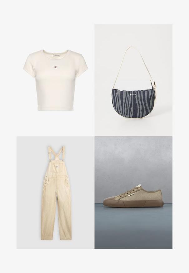 Weißes, kurzes, geripptes T-Shirt mit rundem Ausschnitt und kleinem Calvin Klein Jeans Logo-Patch auf der Brust.; Helle beigefarbene Latzhose aus Denim, mit einer quadratischen Tasche, verstellbaren Trägern, Druckknöpfen an der Seite und weitem Bein-Schnitt.; Beige Calvin Klein Sneaker mit Gummisohle und Schnürsenkeln, schwebt über einer Holzfliesen-Außenfläche mit grünem Pflanzenhintergrund.; Denim-Handtasche mit geschwungener Form, die ein navy- und hellblaues Zebra-Streifenmuster aufweist, einen weißen Trageriemen hat und das Markenlogo prominent präsentiert.