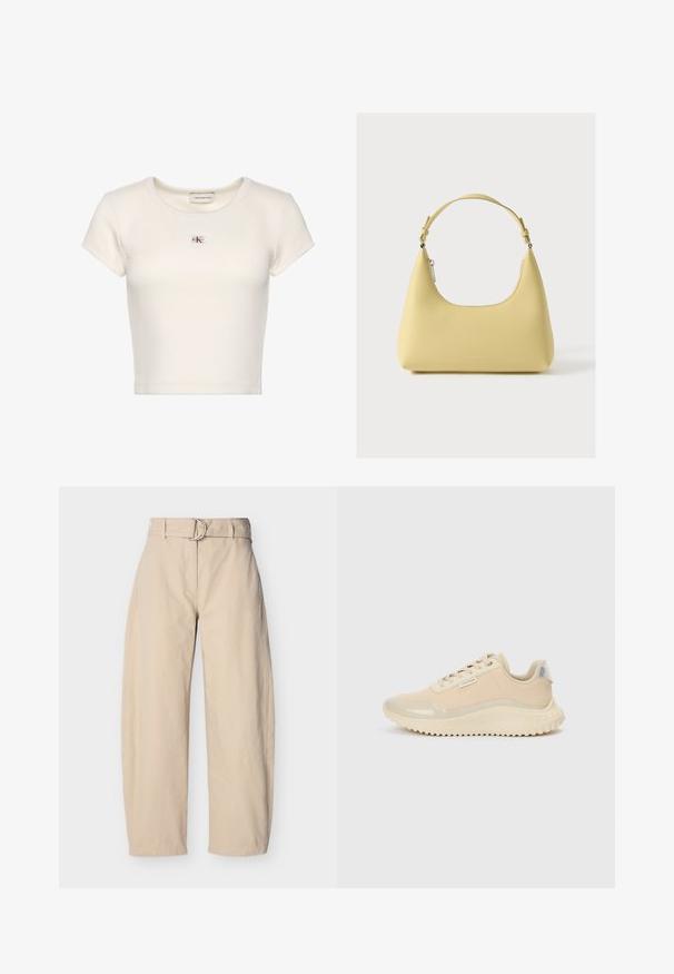T-shirt blanc court à manches courtes côtelé avec col rond et petit patch logo Calvin Klein Jeans sur la poitrine.; Pantalon beige à jambes larges en coton, doté d'une taille ceinturée avec une boucle ronde en métal, de poches latérales et d'une texture lisse.; Baskets beiges avec un bout et une partie supérieure en cuir verni lisse, détaillées avec une semelle intermédiaire texturée et une semelle extérieure en caoutchouc à bande de roulement. Comprend une étiquette de marque.; Sac à main en cuir jaune avec une silhouette incurvée, une bandoulière courte réglable et un compartiment zippé. Présente un logo subtil à l'avant.