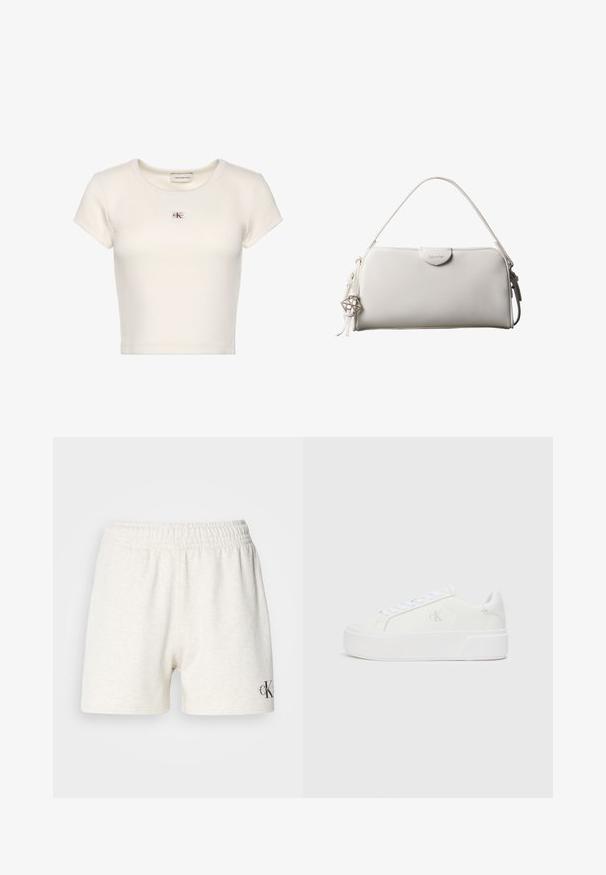 Valge lühikeste varrukatega lühendatud soonikust t-särk ümar kaelusega ja väike Calvin Klein Jeans logo tähis rinnal.; Heledad hallide puuvillased lühikesed püksid, millel on elastne vöökoht, sujuva tekstuuriga ja väikese musta logo aktsendiga alumises paremas servas.; Valged platvormiketid sileda nahkjalaga, ümmargune varvas, valged paelad ja peen logo detail küljel. Lame kummist tald.; Valge ristkülikukujuline Calvin Kleini käekott ühe käepidemega, minimalistliku disainiga ja dekoratiivsete tutikestega, mille küljes on geomeetrilise metallist ripats.