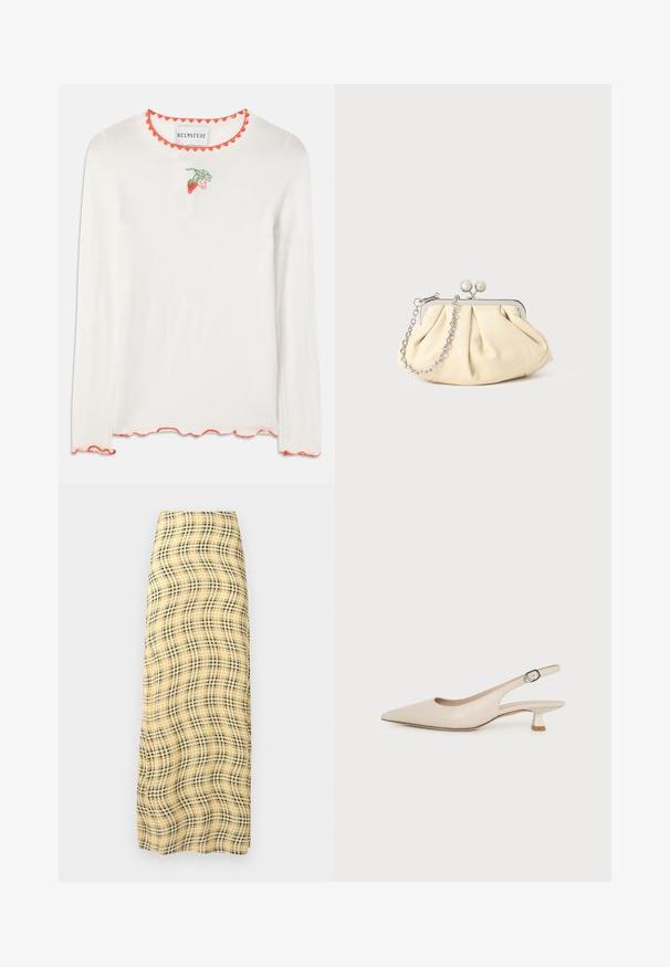Camisa blanca de manga larga con un escote rojo con forma de ondas. Presenta un pequeño bordado de una fresa verde y roja en el frontal.; Rabanne Falda larga - green/yellow/cream; Zapato slingback beige de punta picuda con tacón bajo tipo kitten y hebilla lateral ajustable sobre un fondo blanco liso.; Clutch de cuero beige plisado con un marco de metal plateado, que cuenta con dos broches decorativos redondos y una correa de cadena plateada.