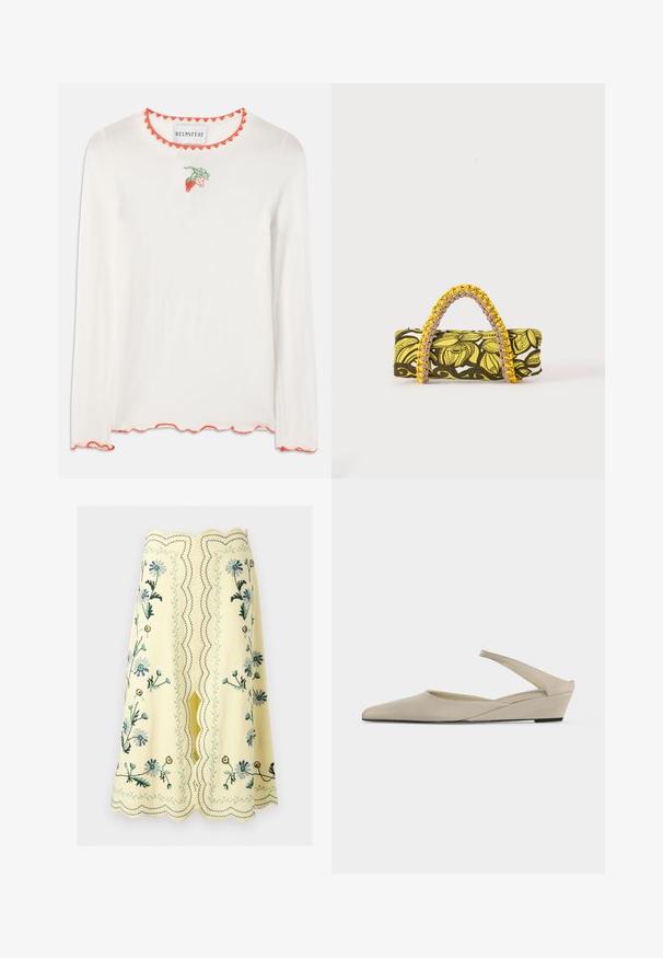 Camisa blanca de manga larga con un escote rojo con forma de ondas. Presenta un pequeño bordado de una fresa verde y roja en el frontal.; Falda amarilla hasta la rodilla con bordes ondulados y bordados florales en azul, verde y amarillo, con una abertura central y costuras decorativas.; Zapato slingback beige con tacón cuña bajo, puntera puntiaguda y acabado mate suave, mostrado de perfil sobre fondo blanco.; Bolsa rectangular con patrón floral en amarillo y negro y asa trenzada amarilla y rosa sobre fondo blanco.