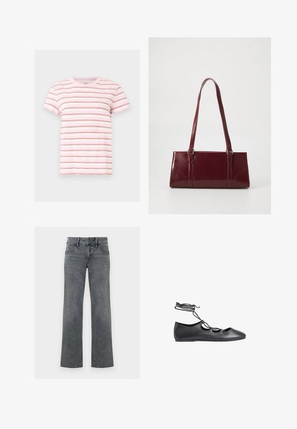 Roze-witte T-shirt met korte mouwen, dunne horizontale bruine strepen, ronde hals en een casual pasvorm.; Grijze denimjeans met rechte pijpen, voorzien van knopen aan de voorkant, rits en vijfzakken, afgebeeld tegen een witte achtergrond.; Zwarte leren ballet flats met een spitse neus, uitsparingen en dunne veters die rond de enkel wikkelen; gladde textuur.; Bourgondische handtas van glanzend materiaal, rechthoekige vorm, met twee schouderbanden en subtiele gebogen accenten aan de voorkant.