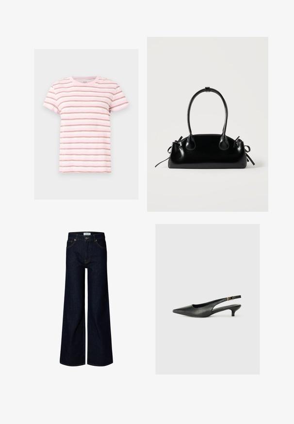 Roze-witte T-shirt met korte mouwen, dunne horizontale bruine strepen, ronde hals en een casual pasvorm.; Donkerblauwe denim jeans met wijde pijpen, vooraan met knoop en ritssluiting, riemlussen en voorzakken, weergegeven op een witte achtergrond.; Zwarte puntschoen met slingback van soepel leer. Kenmerkt zich door een dunne hak en een gespdetail op de verstelbare band.; Kleine zwarte glanzende handtas met twee lange hengsels en zijkant trekkoord details op een effen lichte achtergrond.